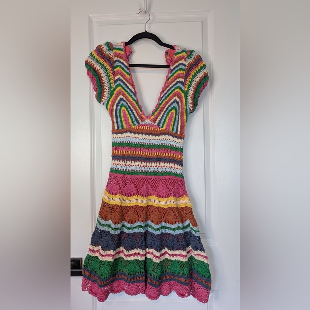 Love The Label Larona Multicolored Crochet Mini Dress V-Neck Size Small